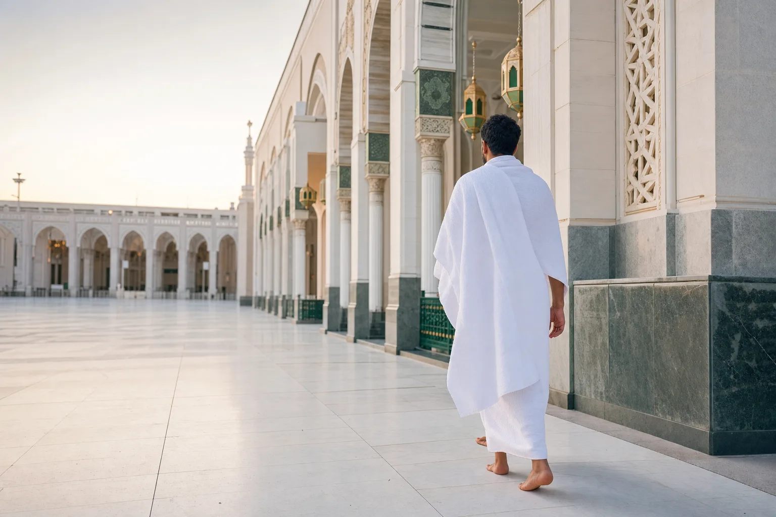 Male Umrah pilgrim wearing white ihram walking through a mosque courtyard