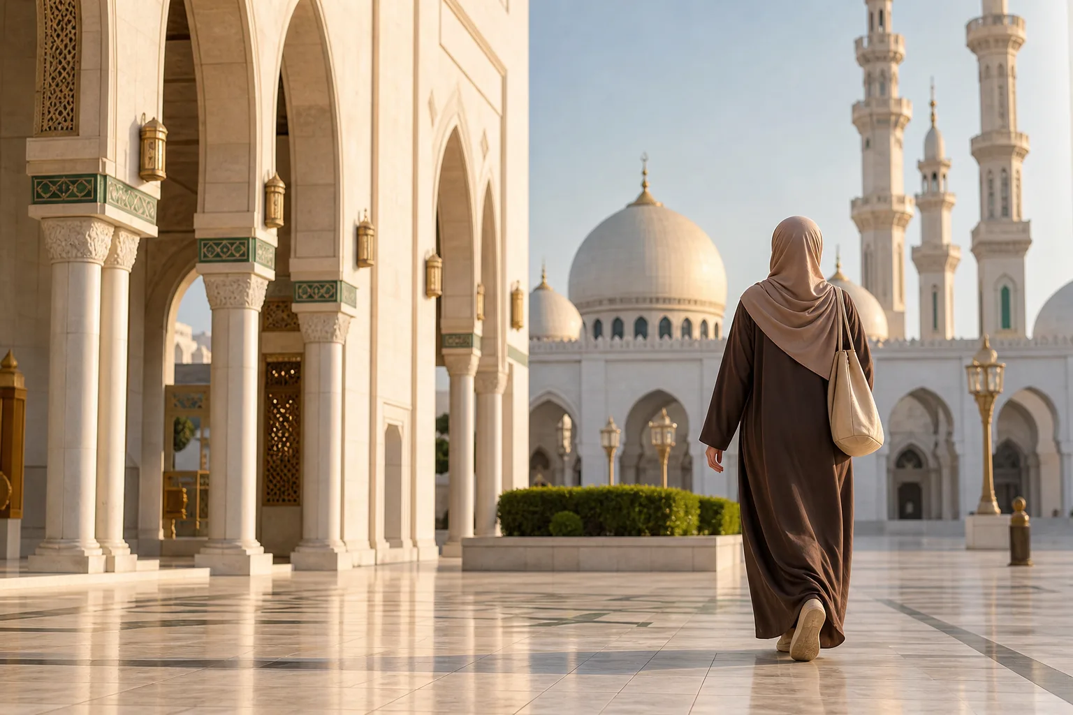 Female Umrah pilgrim wearing modest clothing walking through a mosque courtyard