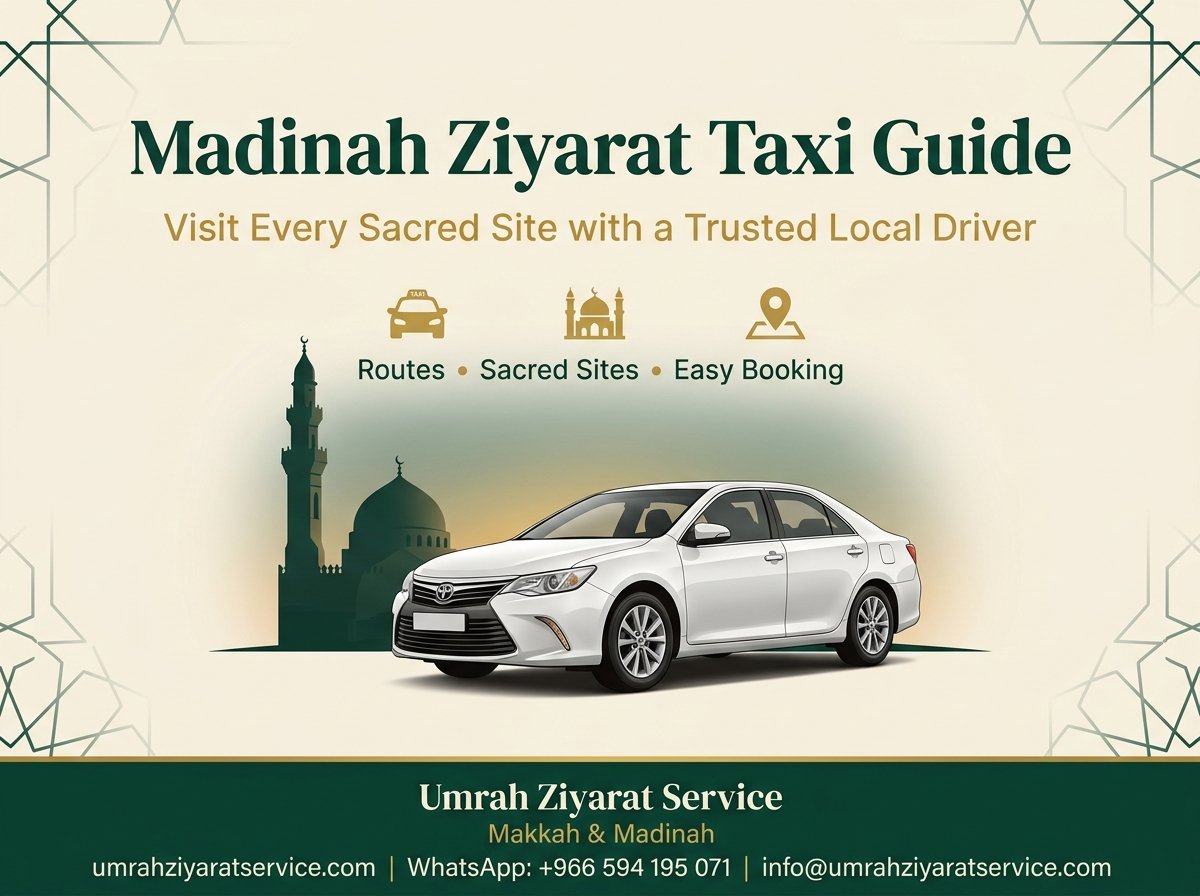 Private taxi parked near Quba Mosque in Madinah for Ziyarat tour, deep emerald and gold branded banner for Umrah Ziyarat Service